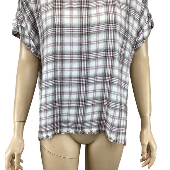 Cloth & Stone Top Size Medium Plaid Short-Sleeve Gray & White Raw Edge - Picture 7 of 7